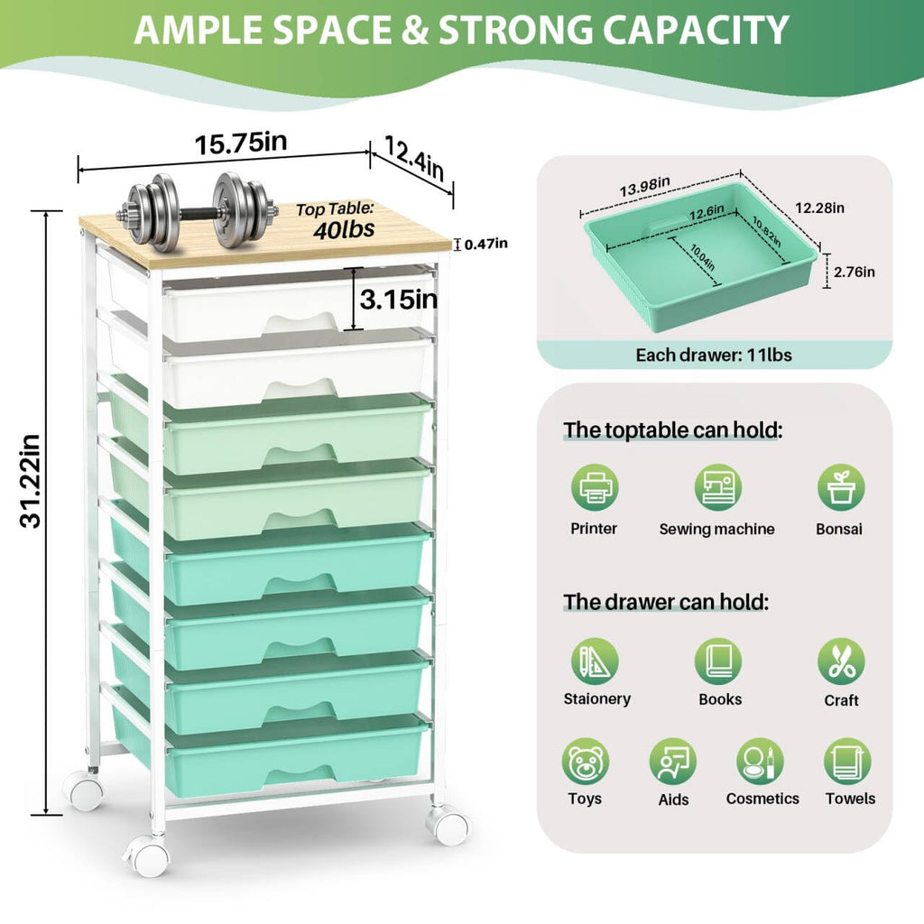 Green Rolling Cart with 8 Drawers D58138