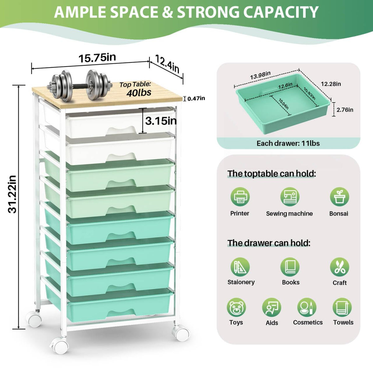 Green Rolling Cart with 8 Drawers D58138