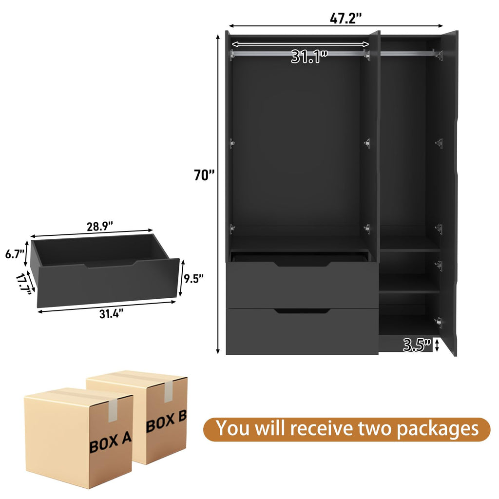 3 Doors Armoire Wardrobe Closet with Mirror, 2 Drawers, LED Light, Hanging Rod, Black Q50633