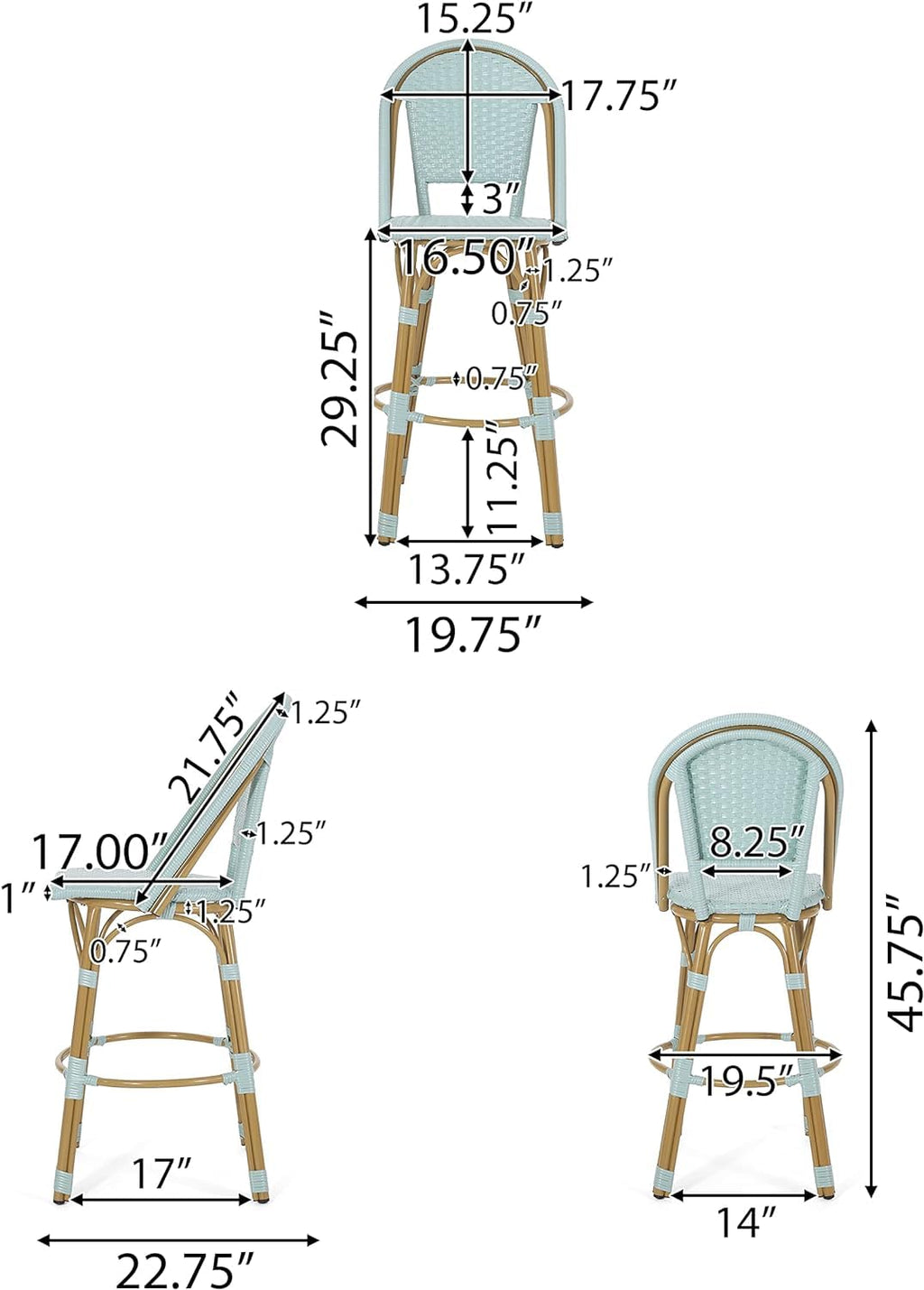 29.5" PE Rattan Aluminum Bar Stools, Set of 2, Light Teal U3008