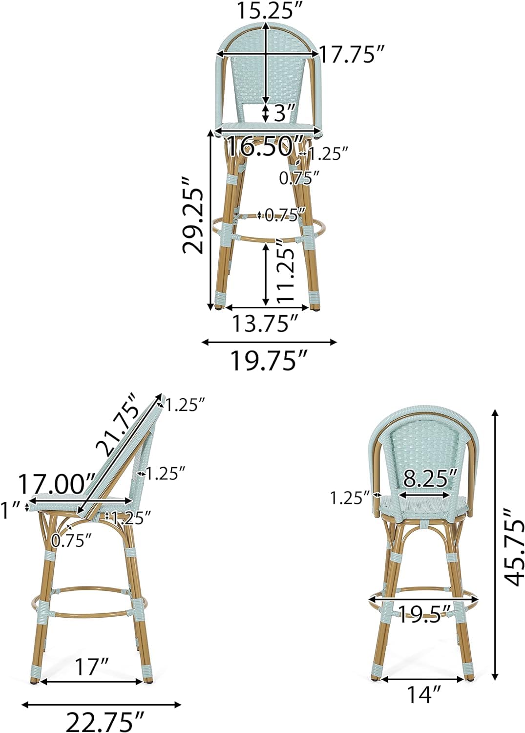 29.5" PE Rattan Aluminum Bar Stools, Set of 2, Light Teal U3008