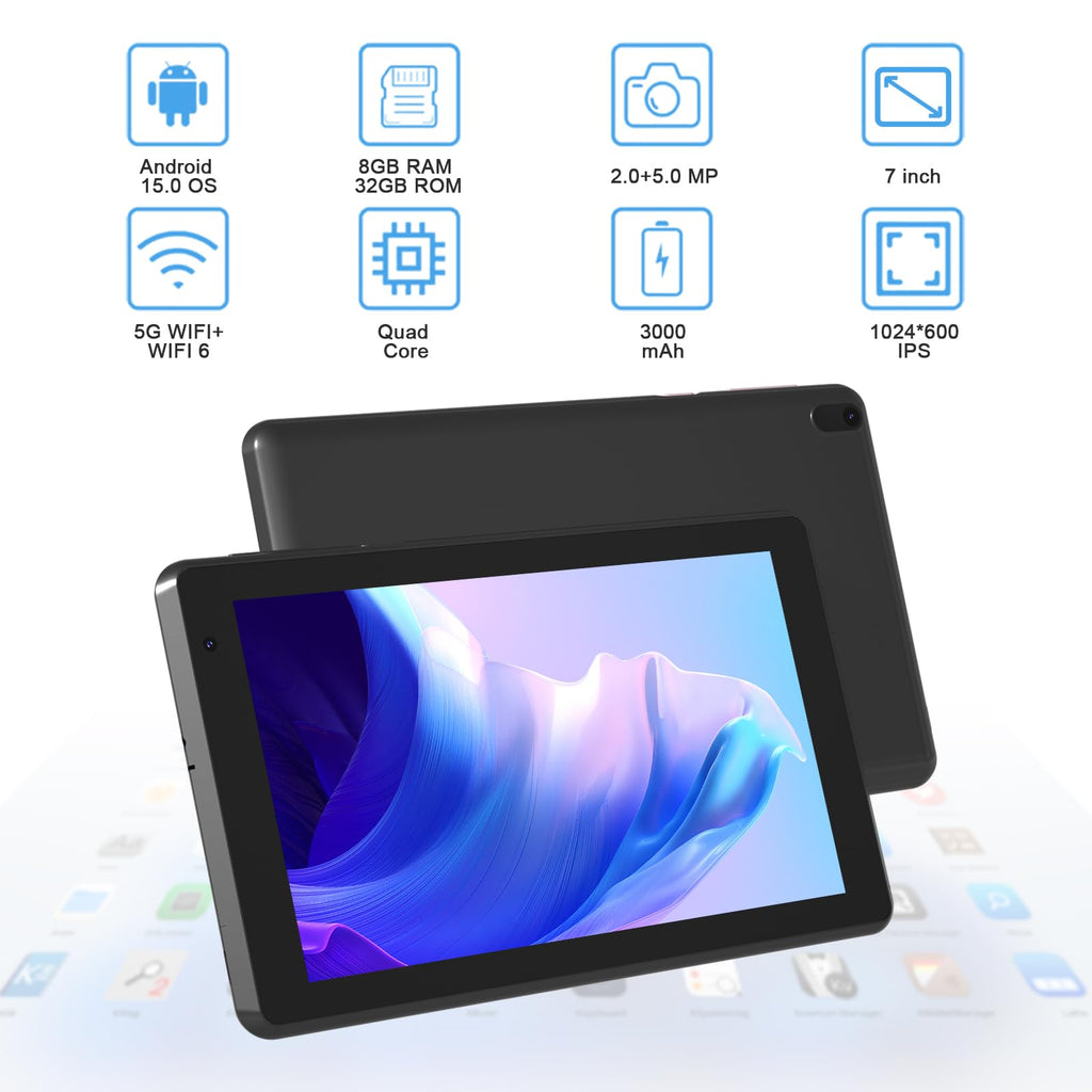 Android 15 Tablet 7 inch 8GB RAM 32GB ROM Black Y645583