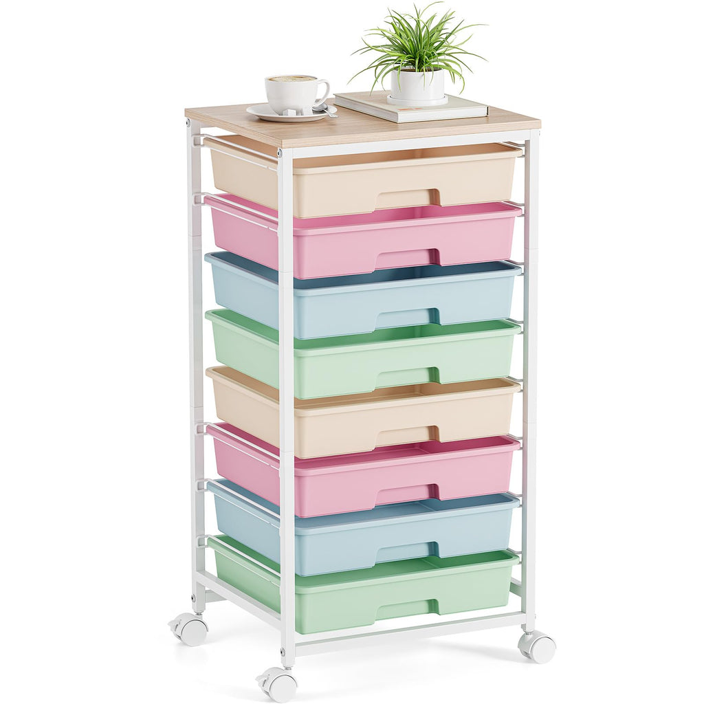 Rolling Storage Cart with 8 Drawers and Wooden Tabletop P45099