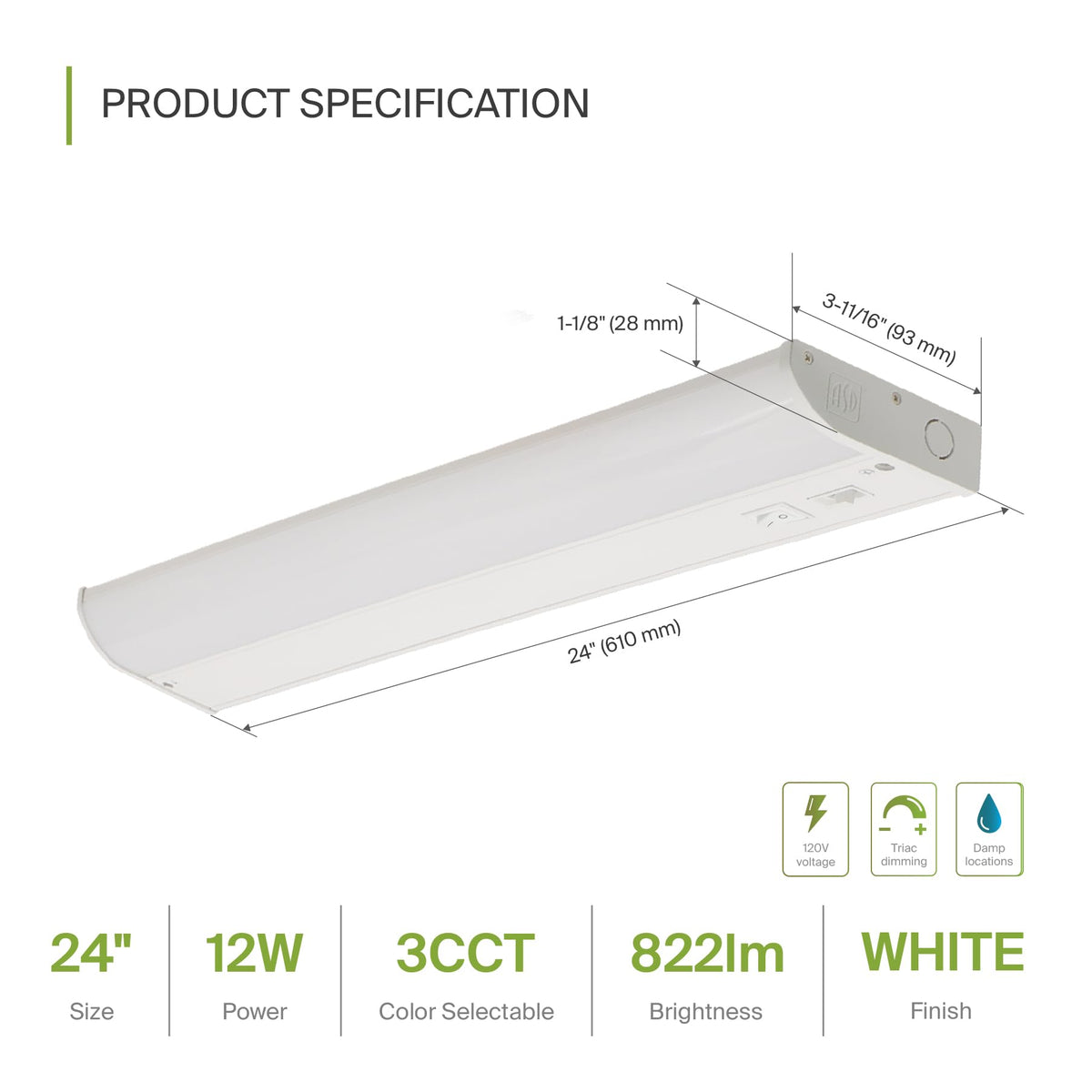24 inch 12W Dimmable LED Under Cabinet Lighting 2 Pack C5322