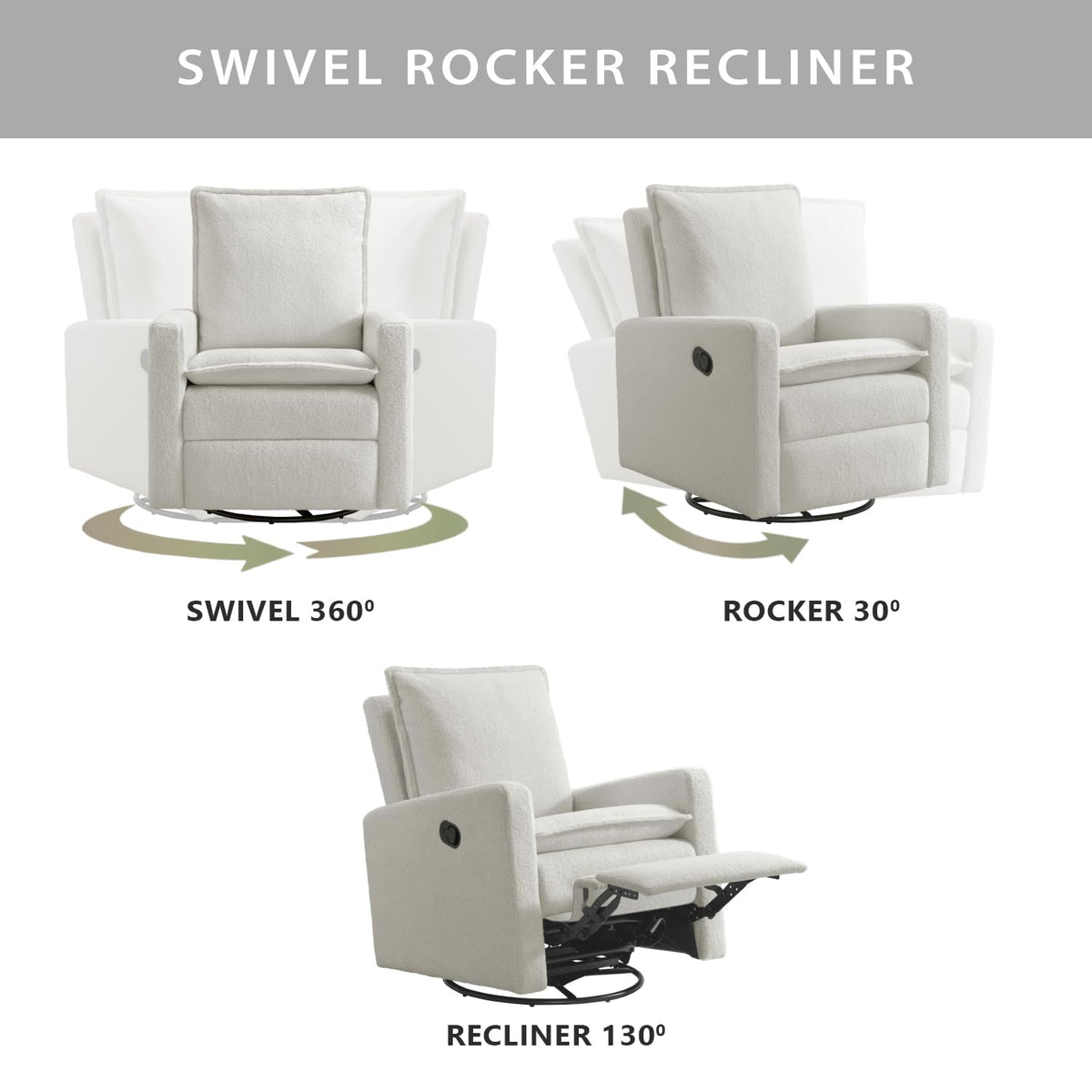White Boucle Swivel Glider Recliner L311