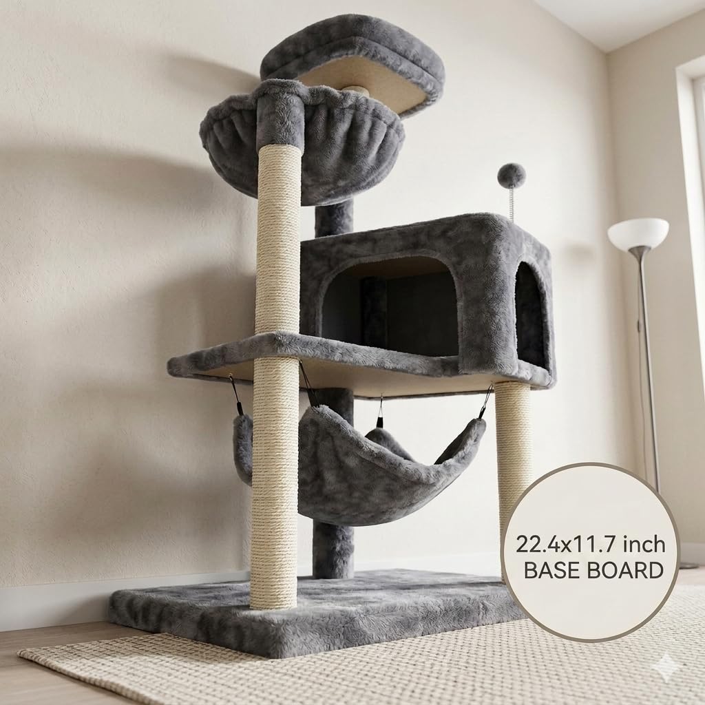 Grey Cat Tree with Cat Condo and Hammock D5750
