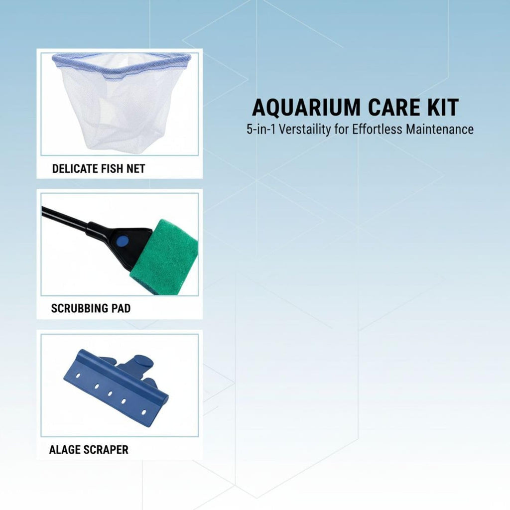 5 in 1 Aquarium Cleaning Kit with Algae Scraper Gravel Rake Fish Net and Brush J1577