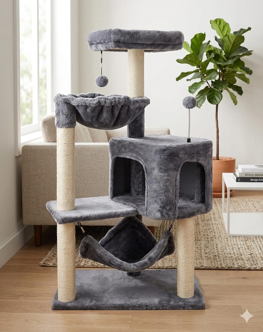 Grey Cat Tree with Cat Condo and Hammock D5750