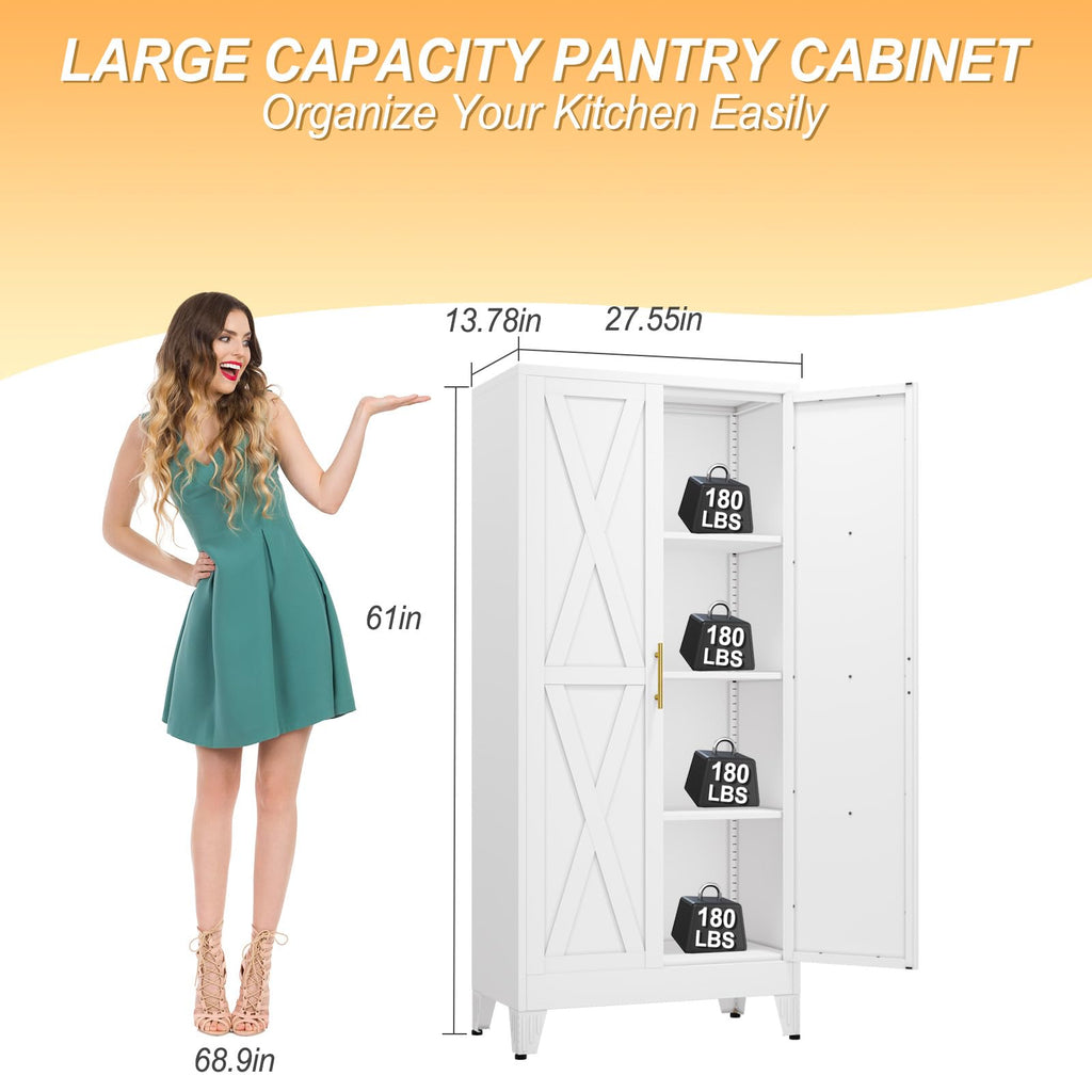61" Metal Kitchen Pantry Storage Cabinet with 2 Doors and 3 Adjustable Shelves J768