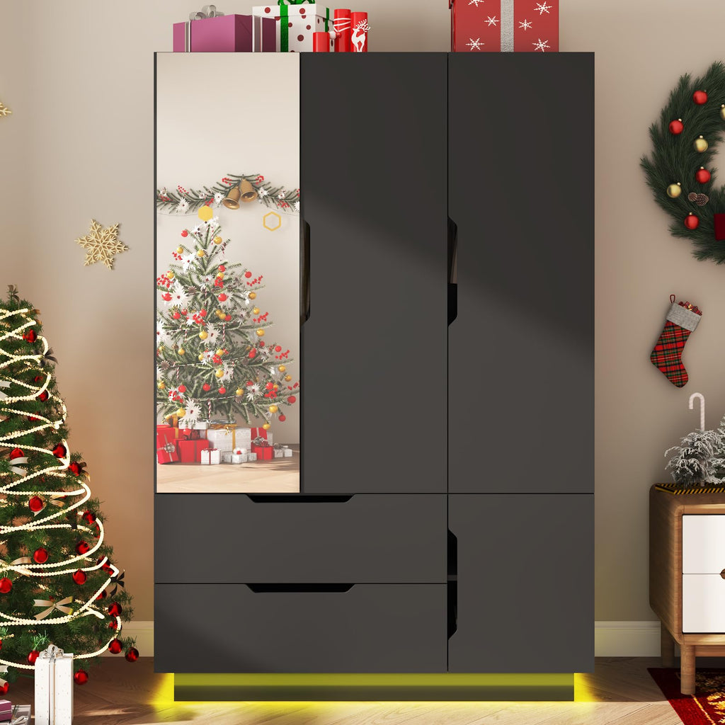 3 Doors Armoire Wardrobe Closet with Mirror, 2 Drawers, LED Light, Hanging Rod, Black Q50633