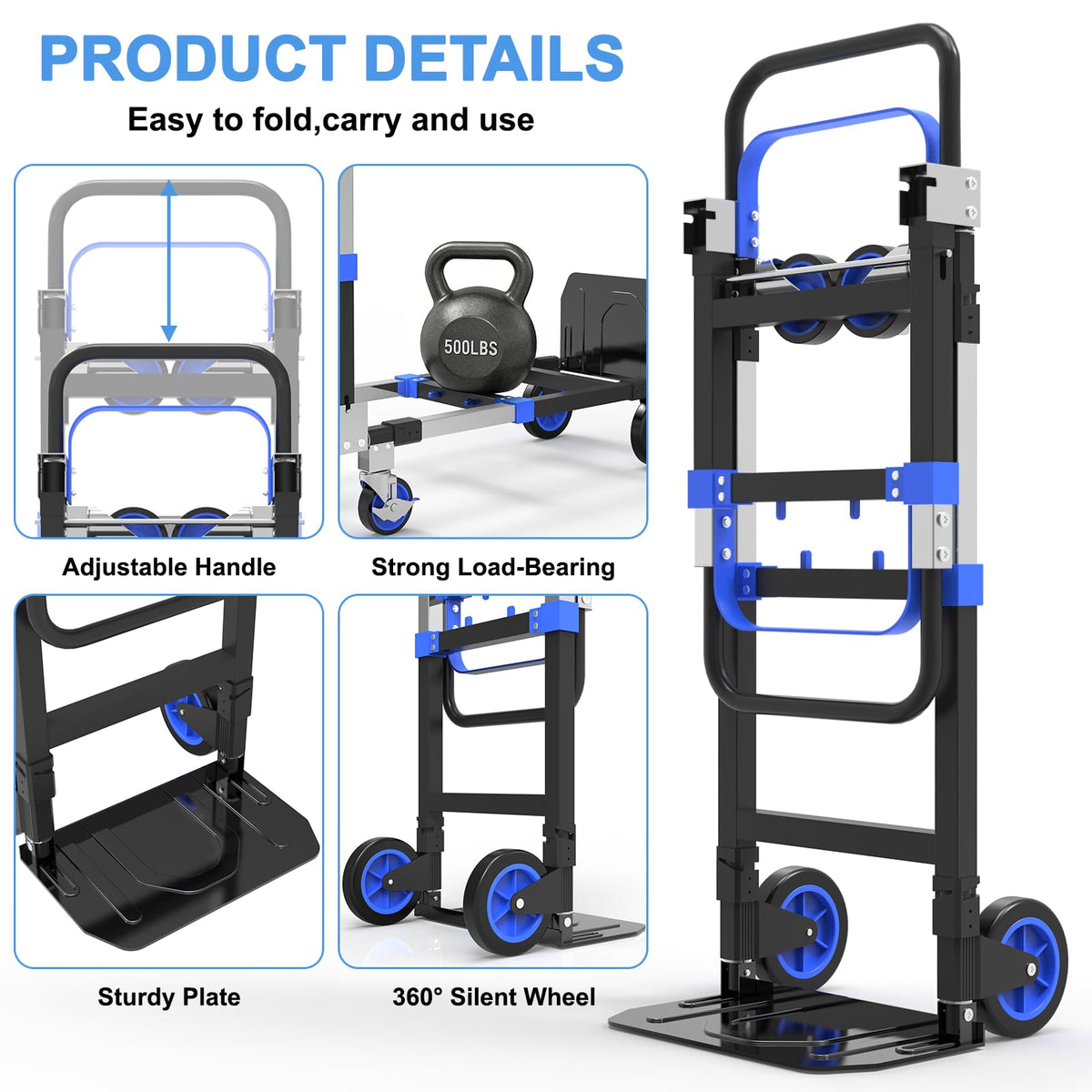3-in-1 Folding Heavy Duty Hand Truck Dolly Cart Trolley with Wheels (Blue) T443600