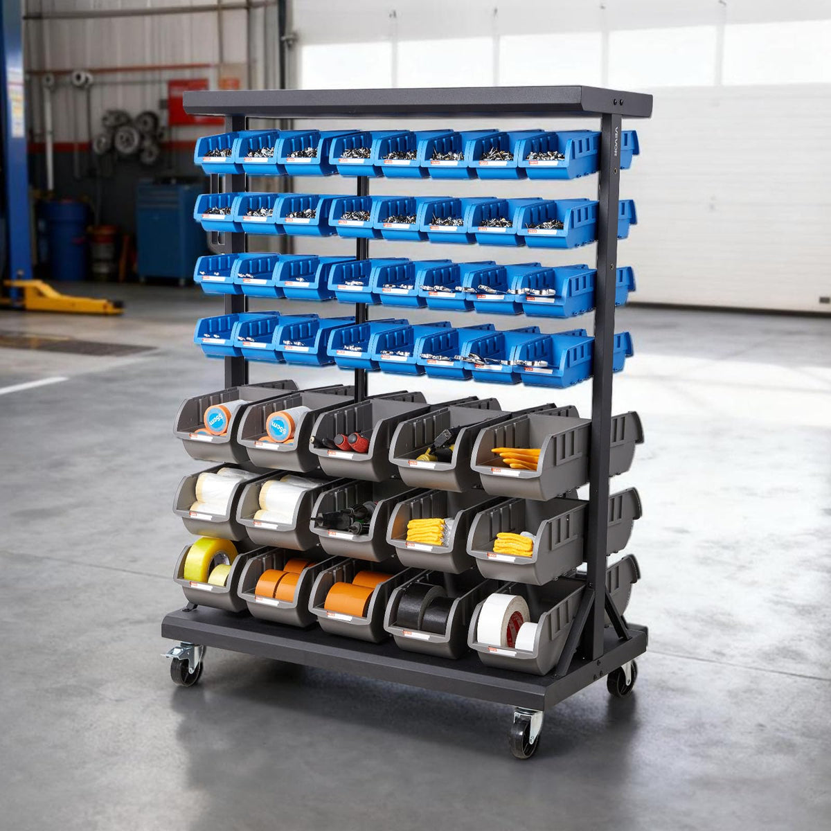 7-Tier Double-Sided Rolling Bin Storage Rack with 94 Plastic Bins M4346