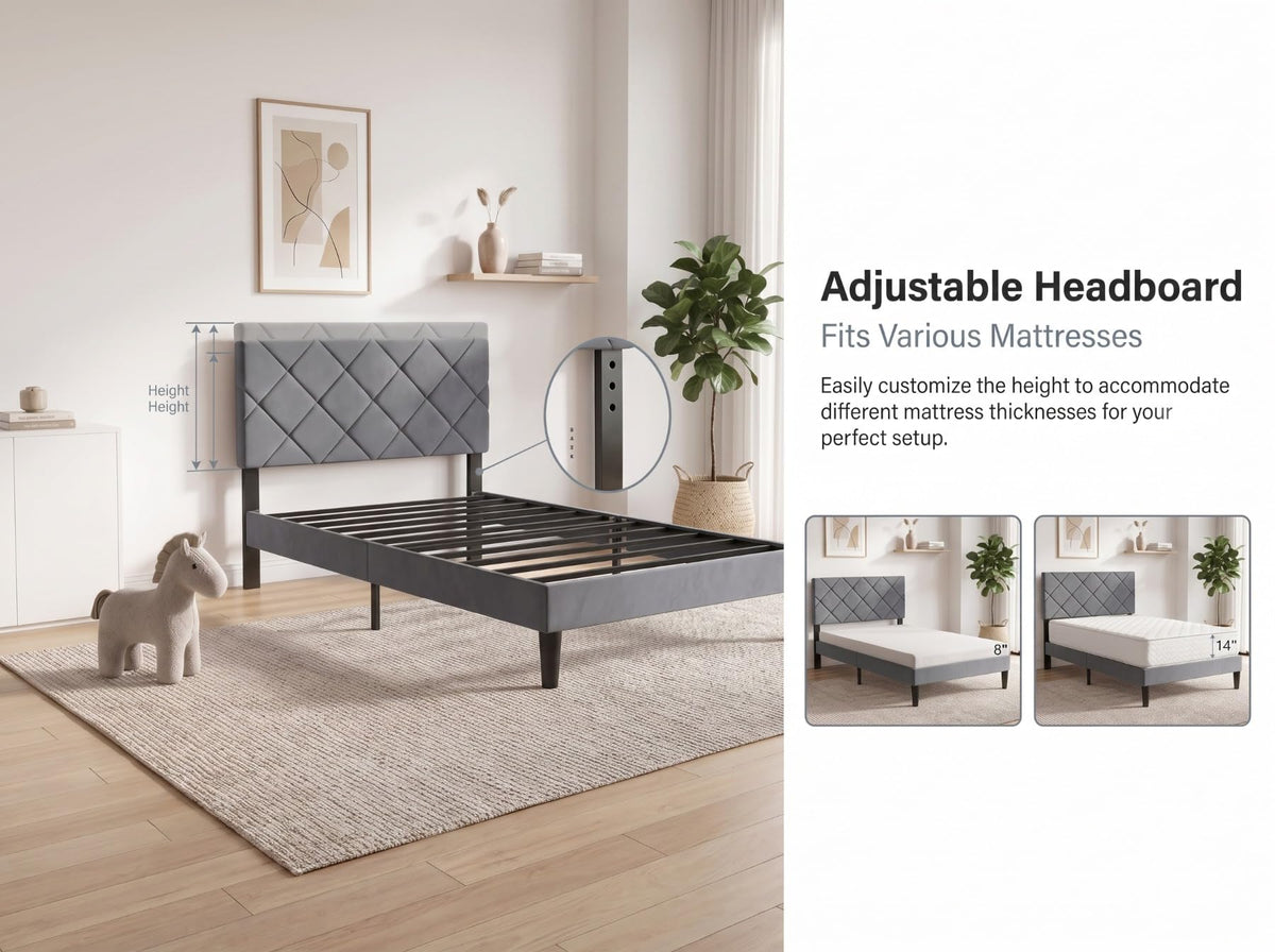Twin Size Velvet Upholstered Platform Bed Frame with Adjustable Headboard G4904