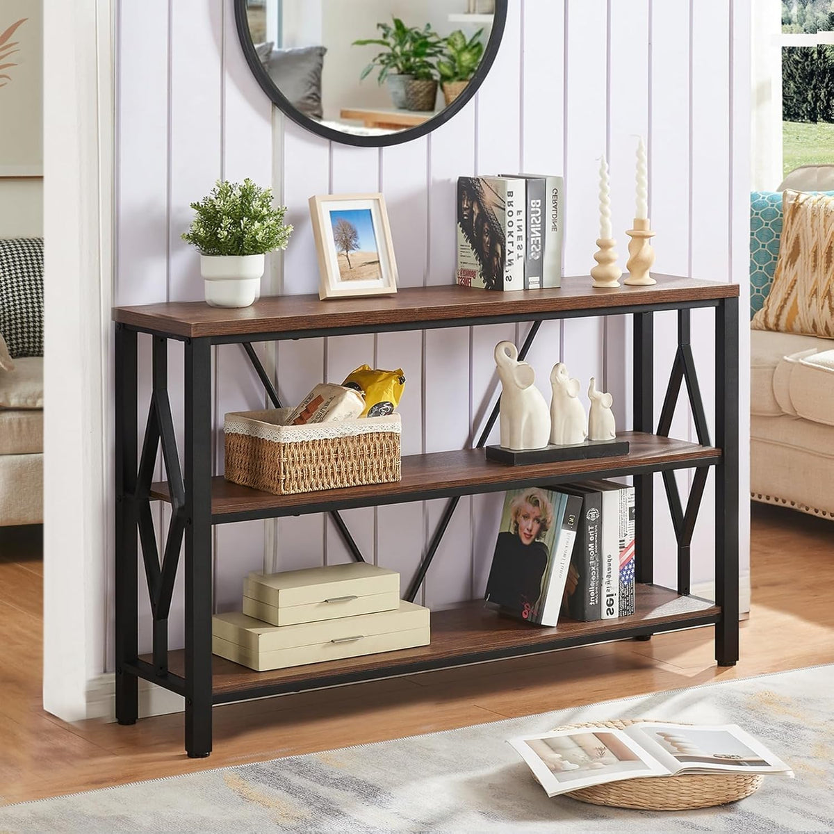 Brown 47 Inch Sofa Console Table with 3 Tier Bookshelf A820907