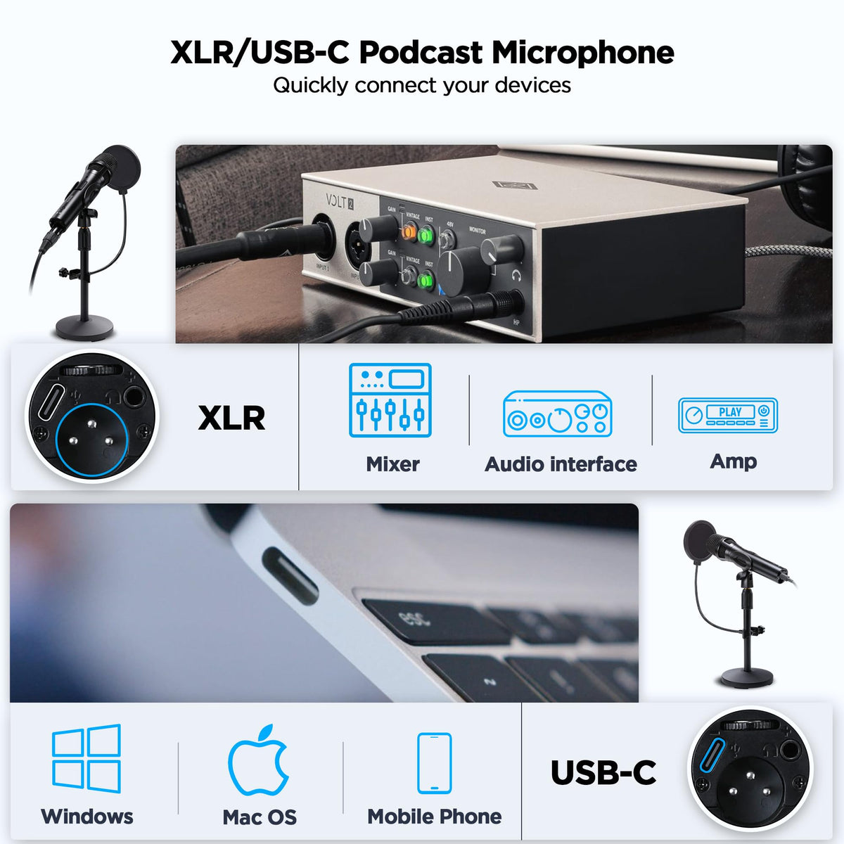 USB Dynamic Microphone with Desktop Stand, Pop Filter, Headphone Jack C40061