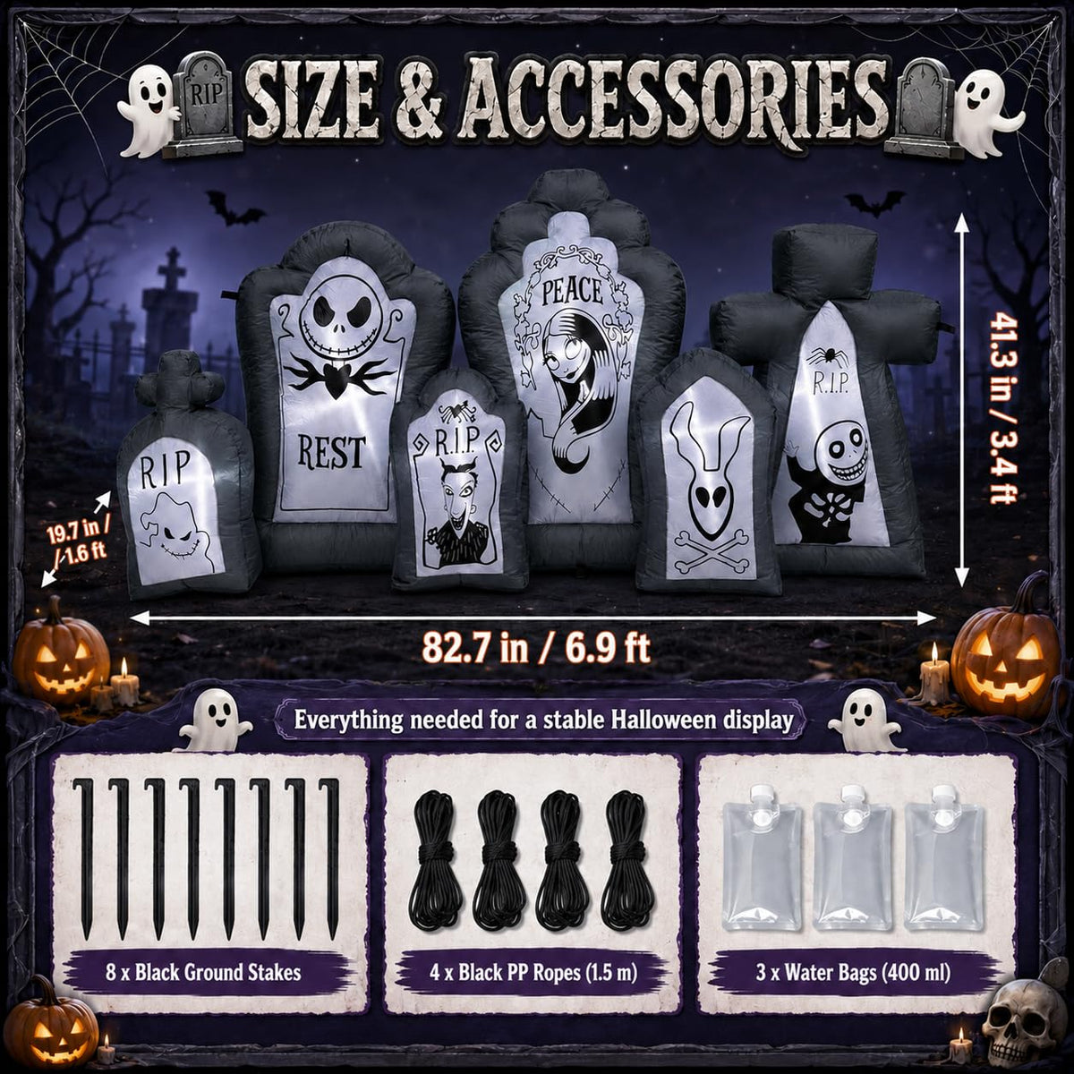 6.9FT Inflatable Tombstone Set with Built-in LED Lights J176330