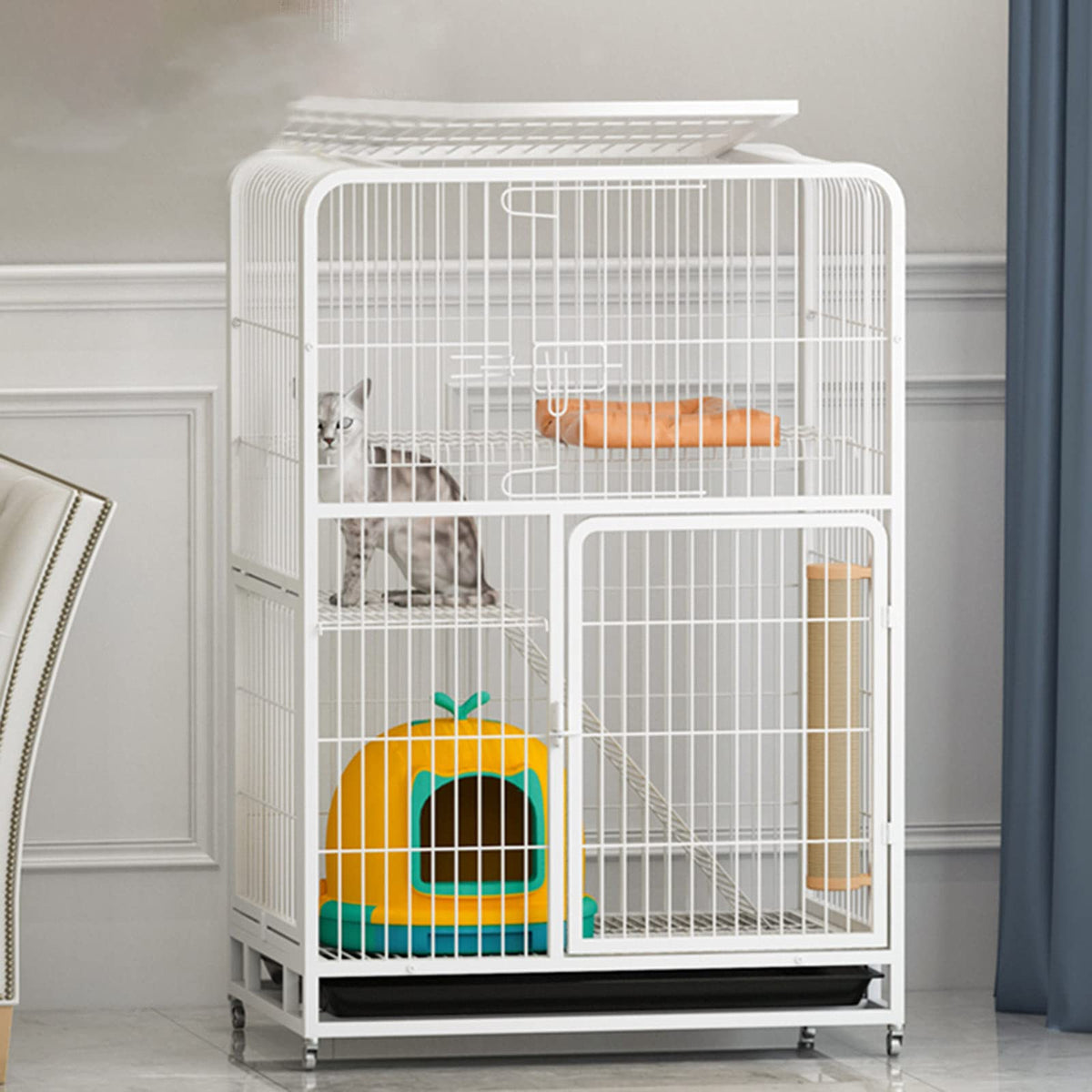 Large 3-Tier Metal Wire Cat Cage with Hammock and Casters D222