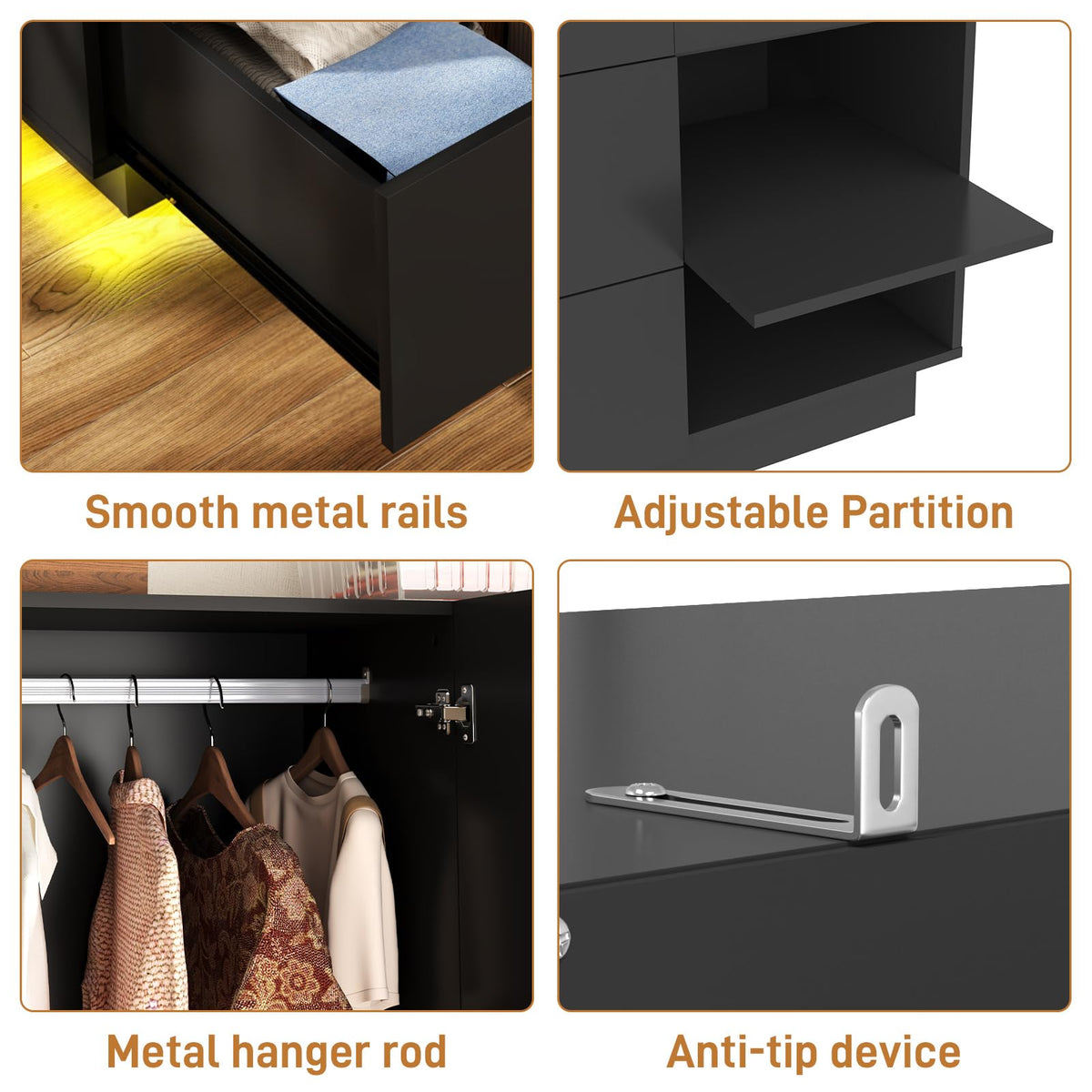 3 Doors Armoire Wardrobe Closet with Mirror, 2 Drawers, LED Light, Hanging Rod, Black Q50633