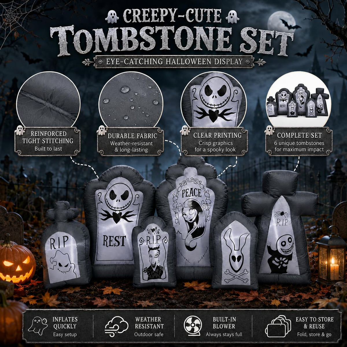 6.9FT Inflatable Tombstone Set with Built-in LED Lights J176330