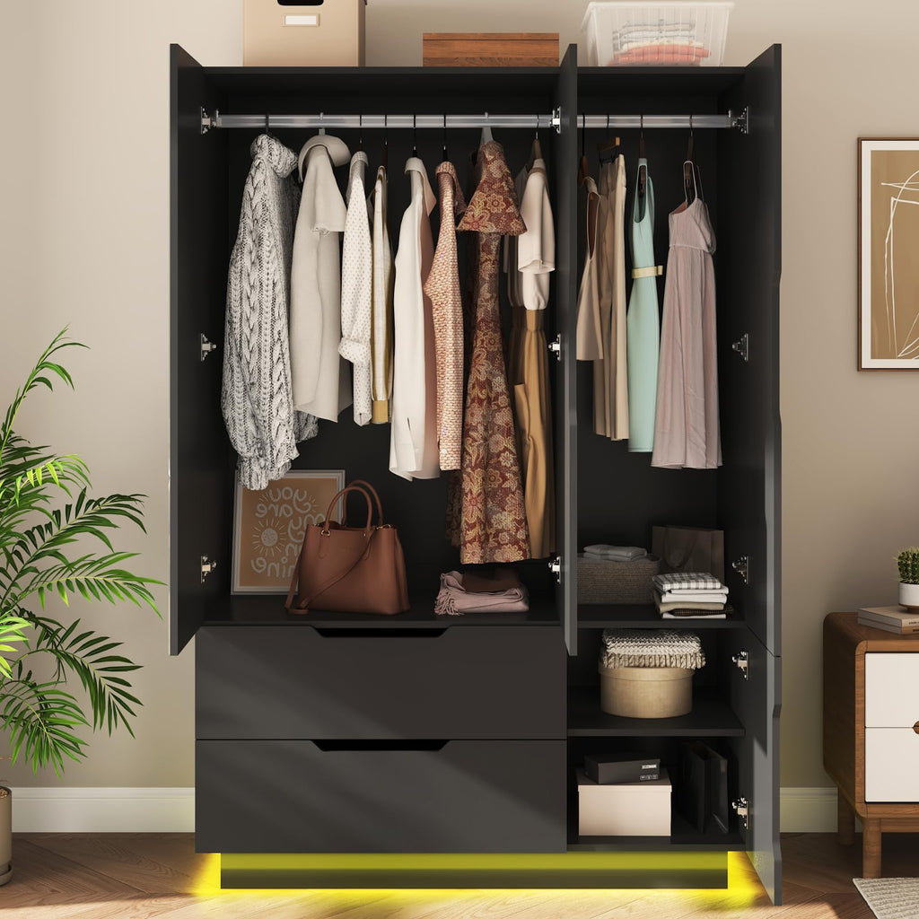 3 Doors Armoire Wardrobe Closet with Mirror, 2 Drawers, LED Light, Hanging Rod, Black Q50633