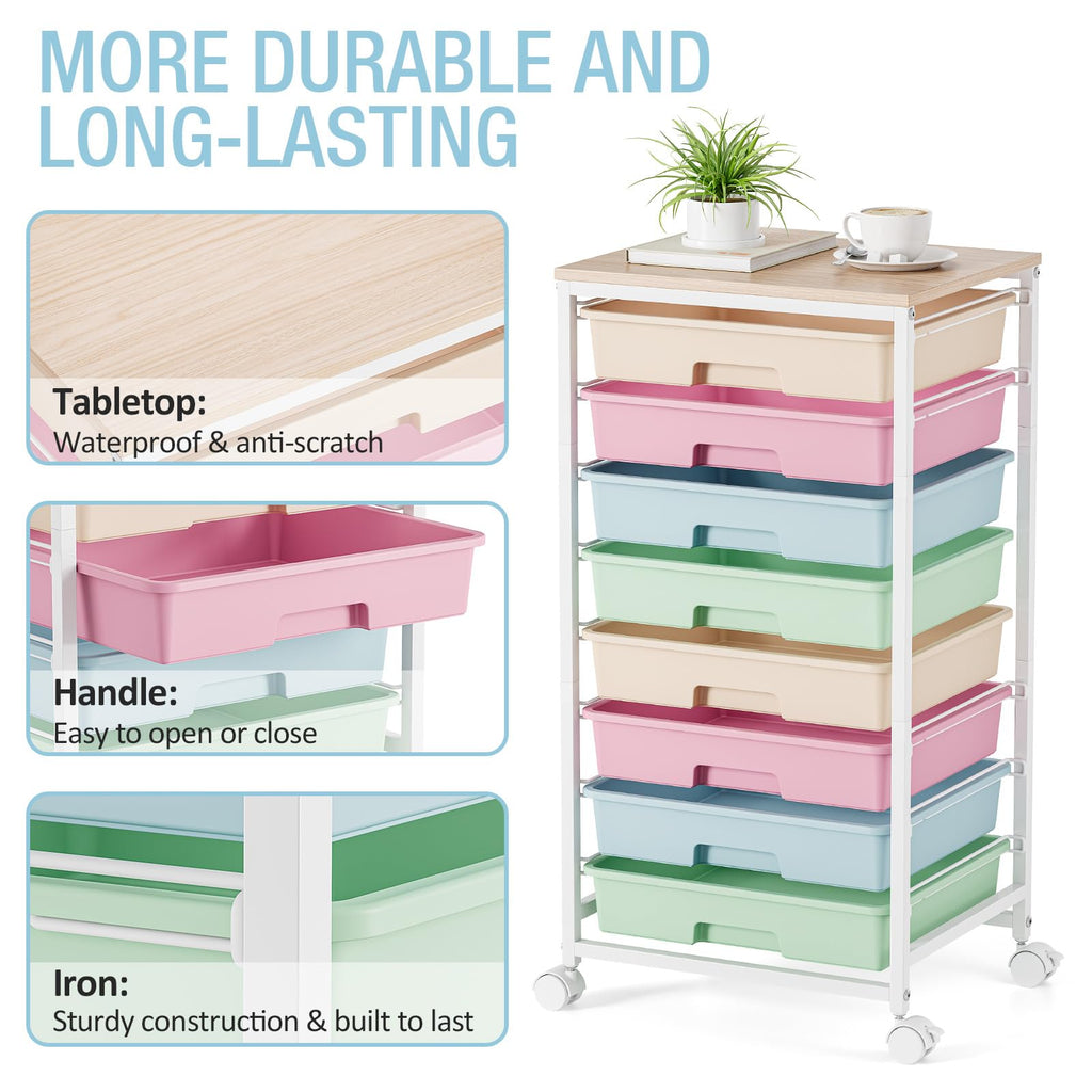 Rolling Storage Cart with 8 Drawers and Wooden Tabletop P45099