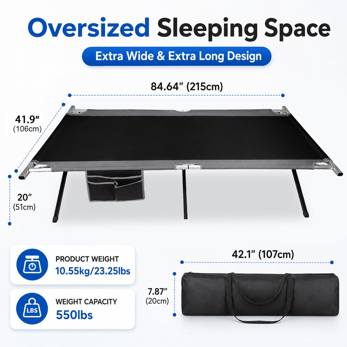 42" Extra Wide Heavy Duty Folding Cot Bed with Carry Bag H520412