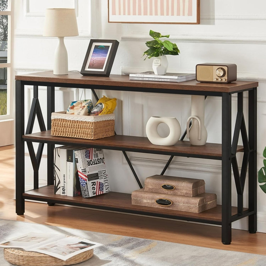 Brown 47 Inch Sofa Console Table with 3 Tier Bookshelf A820907
