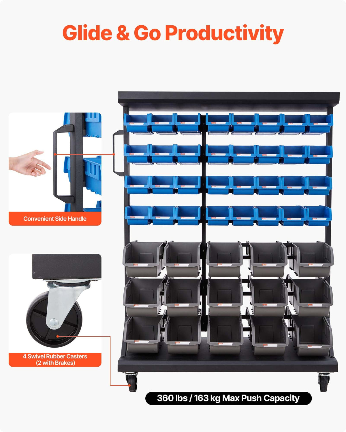 7-Tier Double-Sided Rolling Bin Storage Rack with 94 Plastic Bins M4346