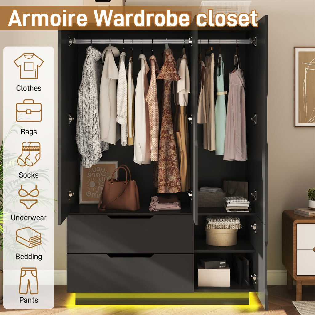 3 Doors Armoire Wardrobe Closet with Mirror, 2 Drawers, LED Light, Hanging Rod, Black Q50633