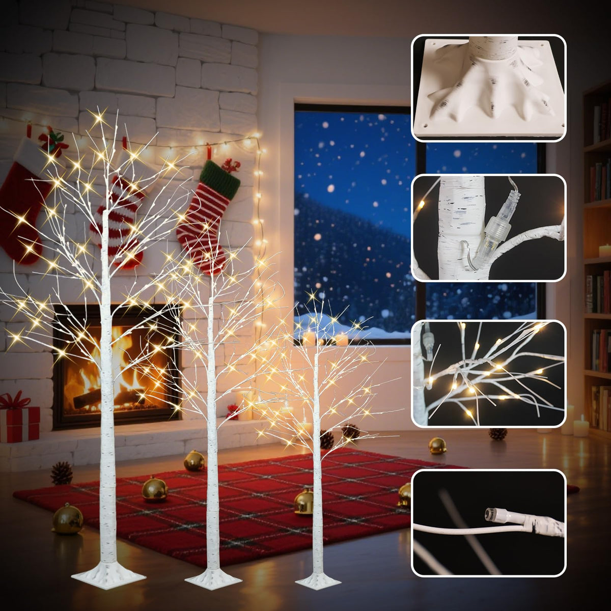 4FT 6FT 8FT Lighted Artificial Birch Tree Set of 3 T3229