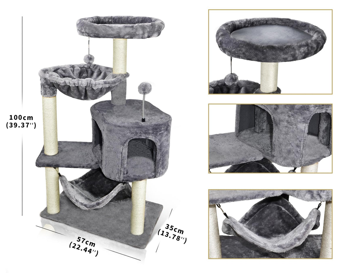 Grey Cat Tree with Cat Condo and Hammock D5750