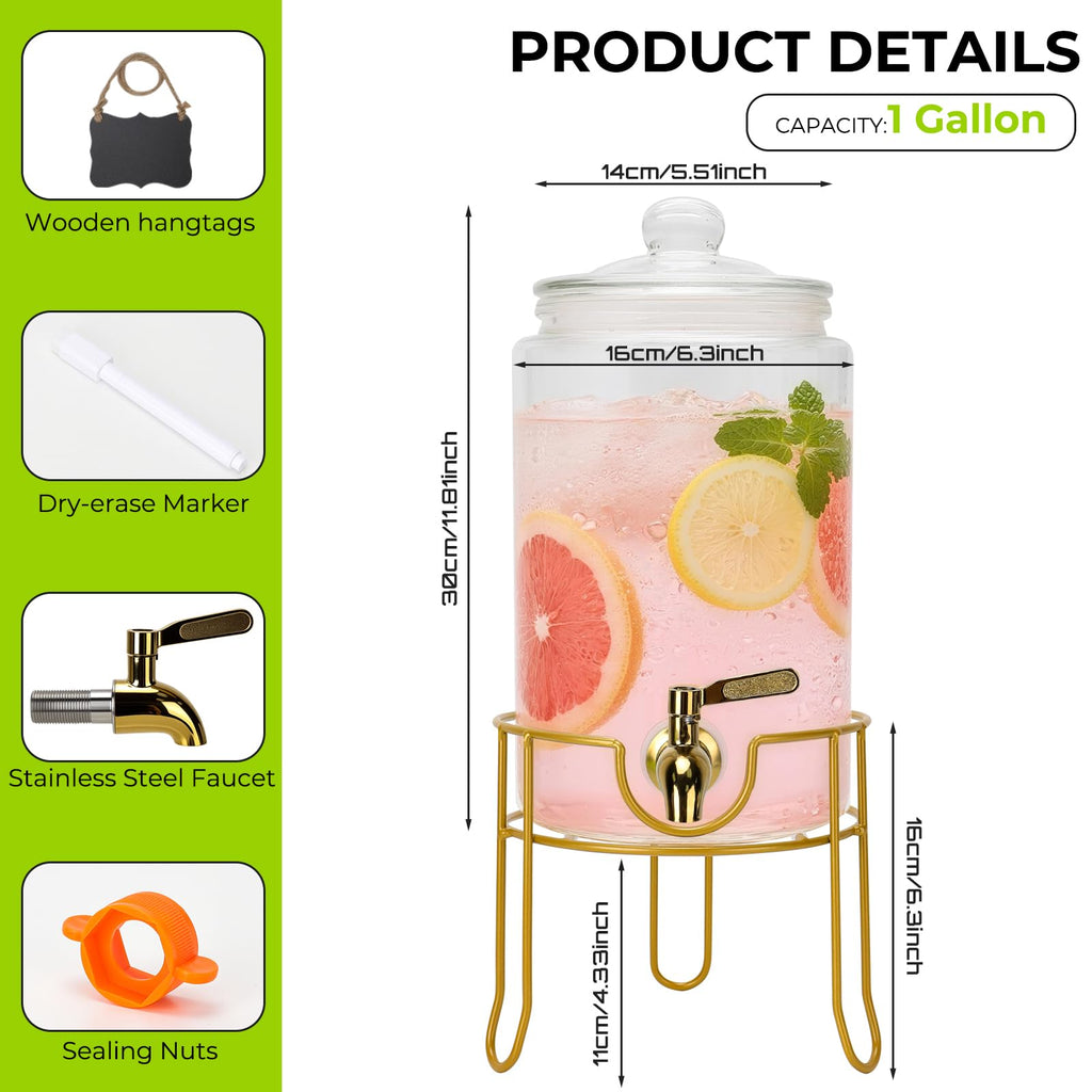 1 Gallon Glass Beverage Dispenser with Glass Airtight Lid and Stainless Steel Spigot C6352