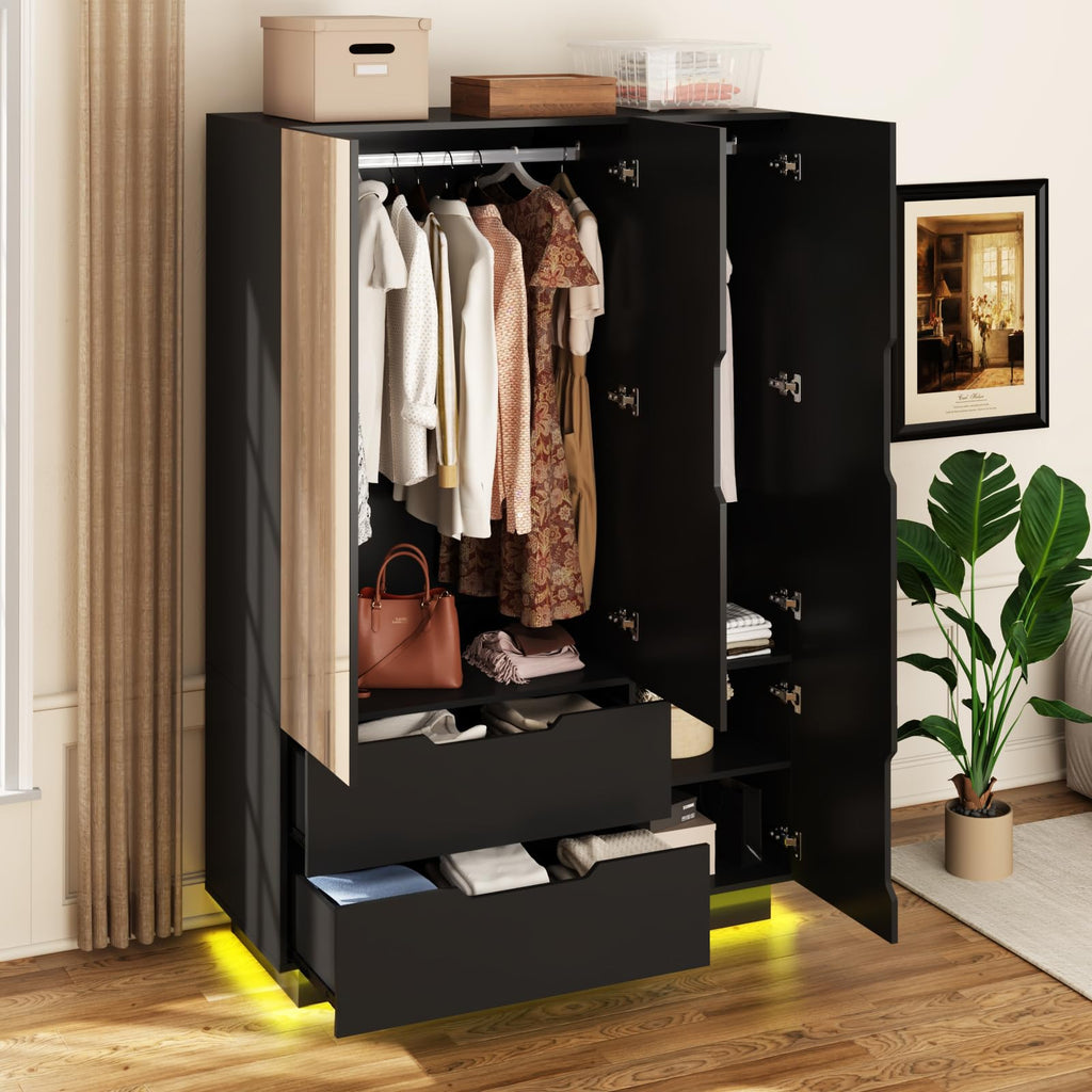 3 Doors Armoire Wardrobe Closet with Mirror, 2 Drawers, LED Light, Hanging Rod, Black Q50633