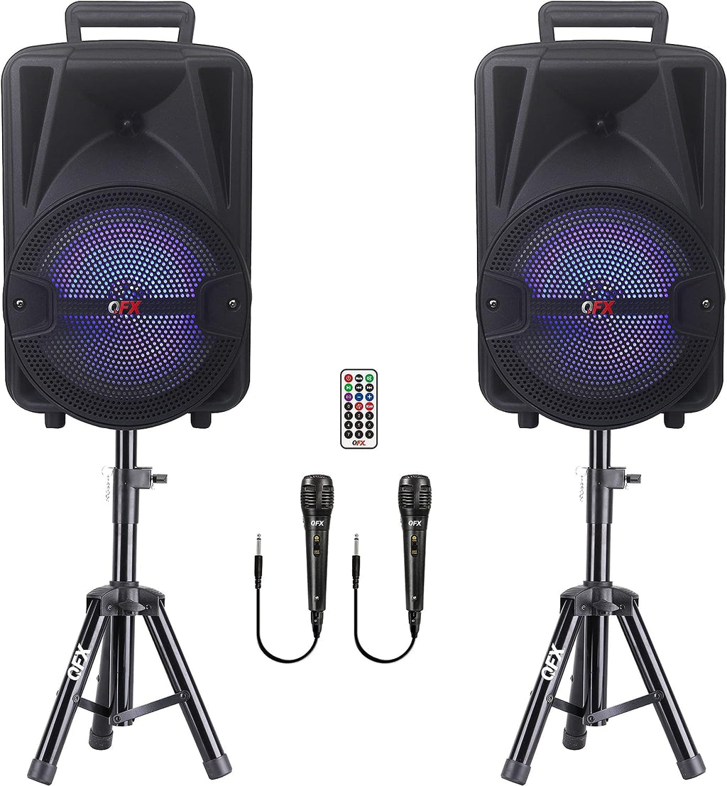 Dual 8" Powered PA Speaker System with Tripod Stands, Wired Mics and Remote U156