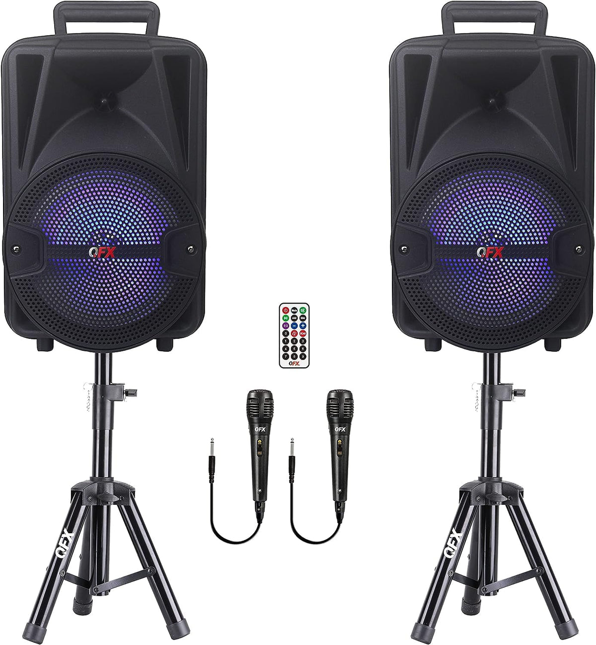 Dual 8" Powered PA Speaker System with Tripod Stands, Wired Mics and Remote U156