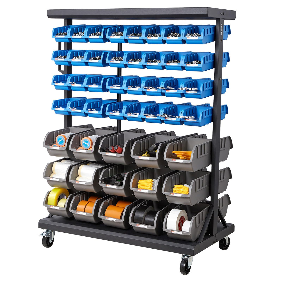 7-Tier Double-Sided Rolling Bin Storage Rack with 94 Plastic Bins M4346