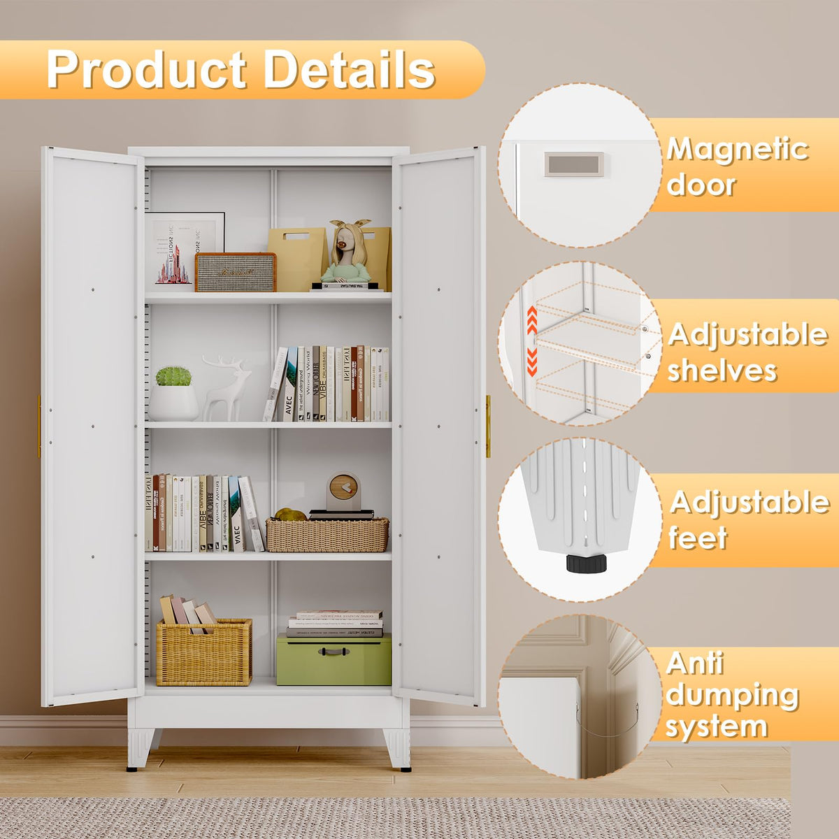 61" Metal Kitchen Pantry Storage Cabinet with 2 Doors and 3 Adjustable Shelves J768