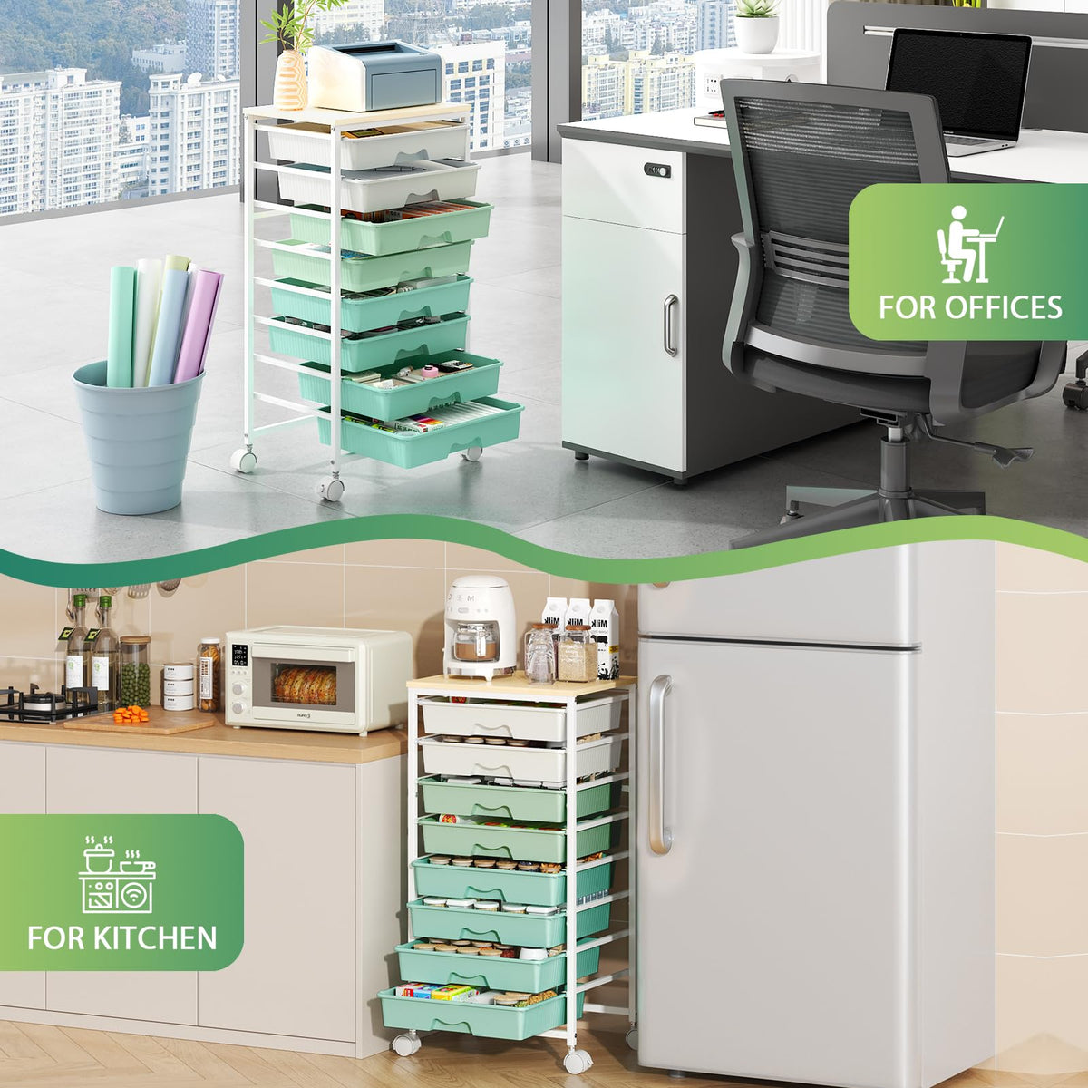 Green Rolling Cart with 8 Drawers D58138