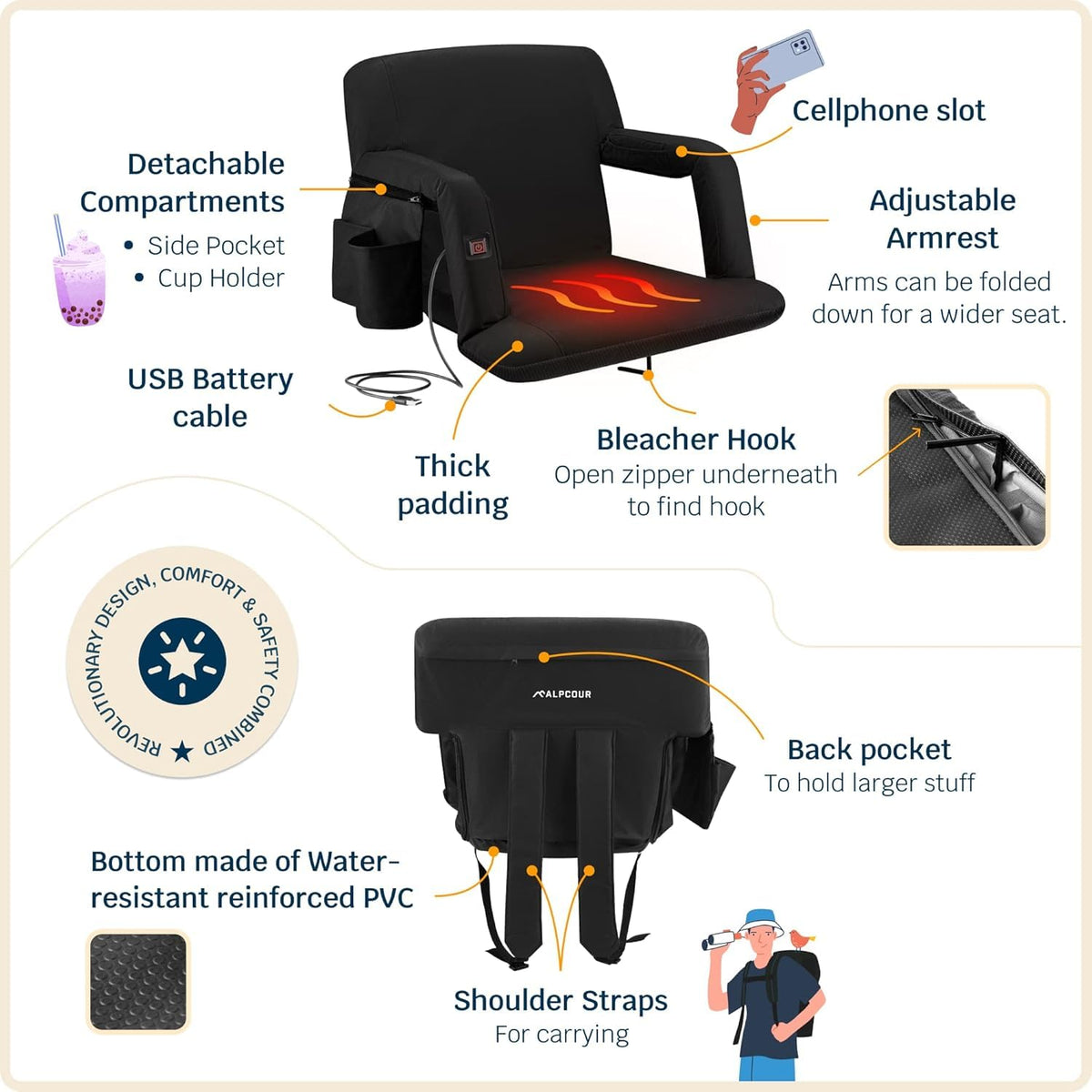 Heated Reclining Stadium Seat with Back Support and Cushion E7678
