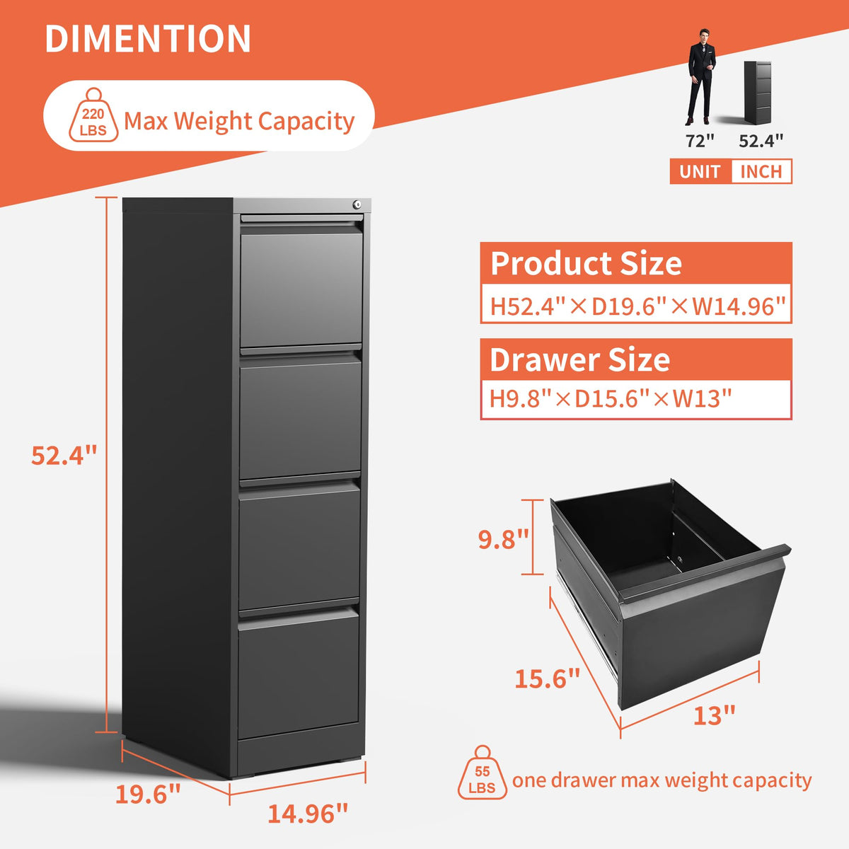 4 Drawer Locking File Cabinet with Wheels V625