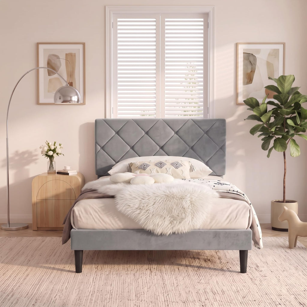 Twin Size Velvet Upholstered Platform Bed Frame with Adjustable Headboard G4904