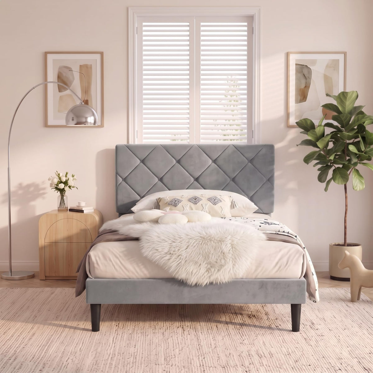 Twin Size Velvet Upholstered Platform Bed Frame with Adjustable Headboard G4904