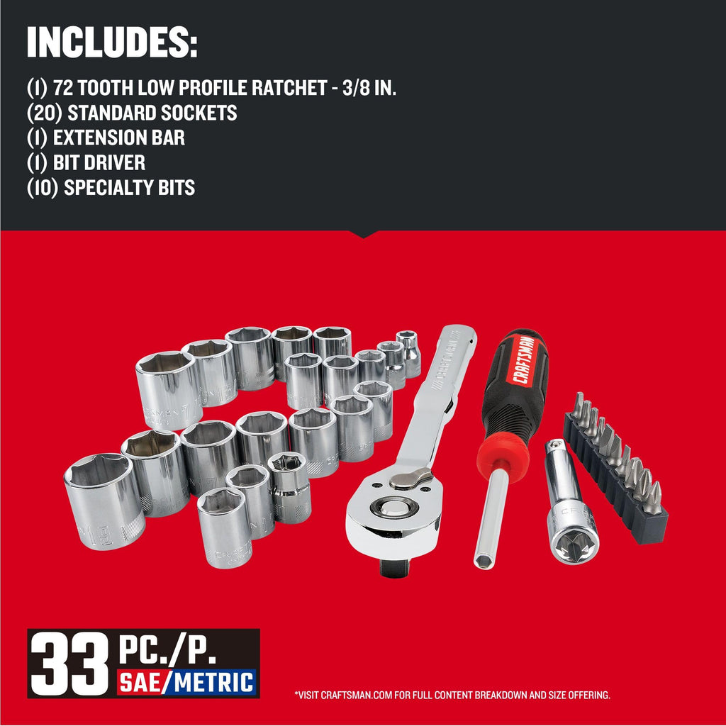 33 Piece 3/8 Inch Drive SAE/Metric Mechanics Tool Set W6645