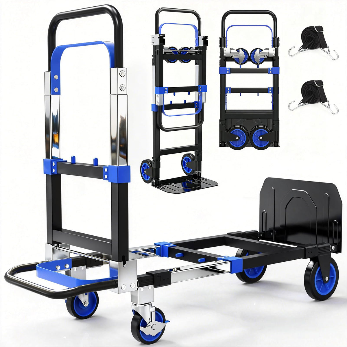 3-in-1 Folding Heavy Duty Hand Truck Dolly Cart Trolley with Wheels (Blue) T443600