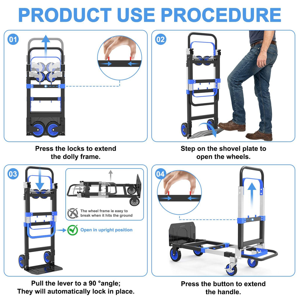3-in-1 Folding Heavy Duty Hand Truck Dolly Cart Trolley with Wheels (Blue) T443600