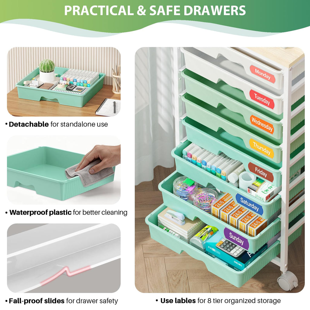 Green Rolling Cart with 8 Drawers D58138
