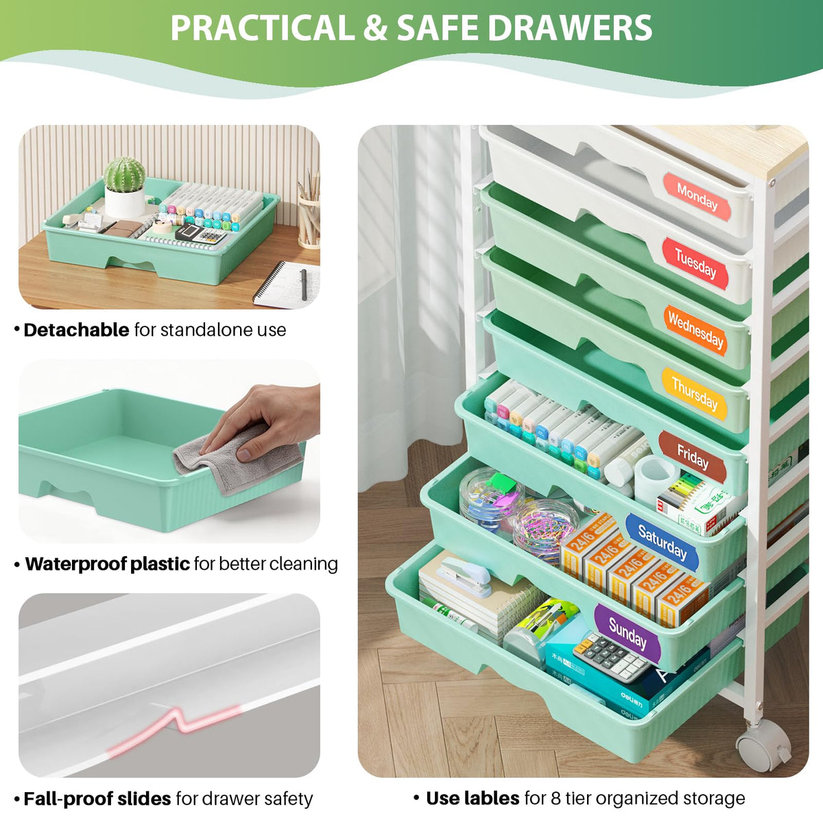 Green Rolling Cart with 8 Drawers D58138