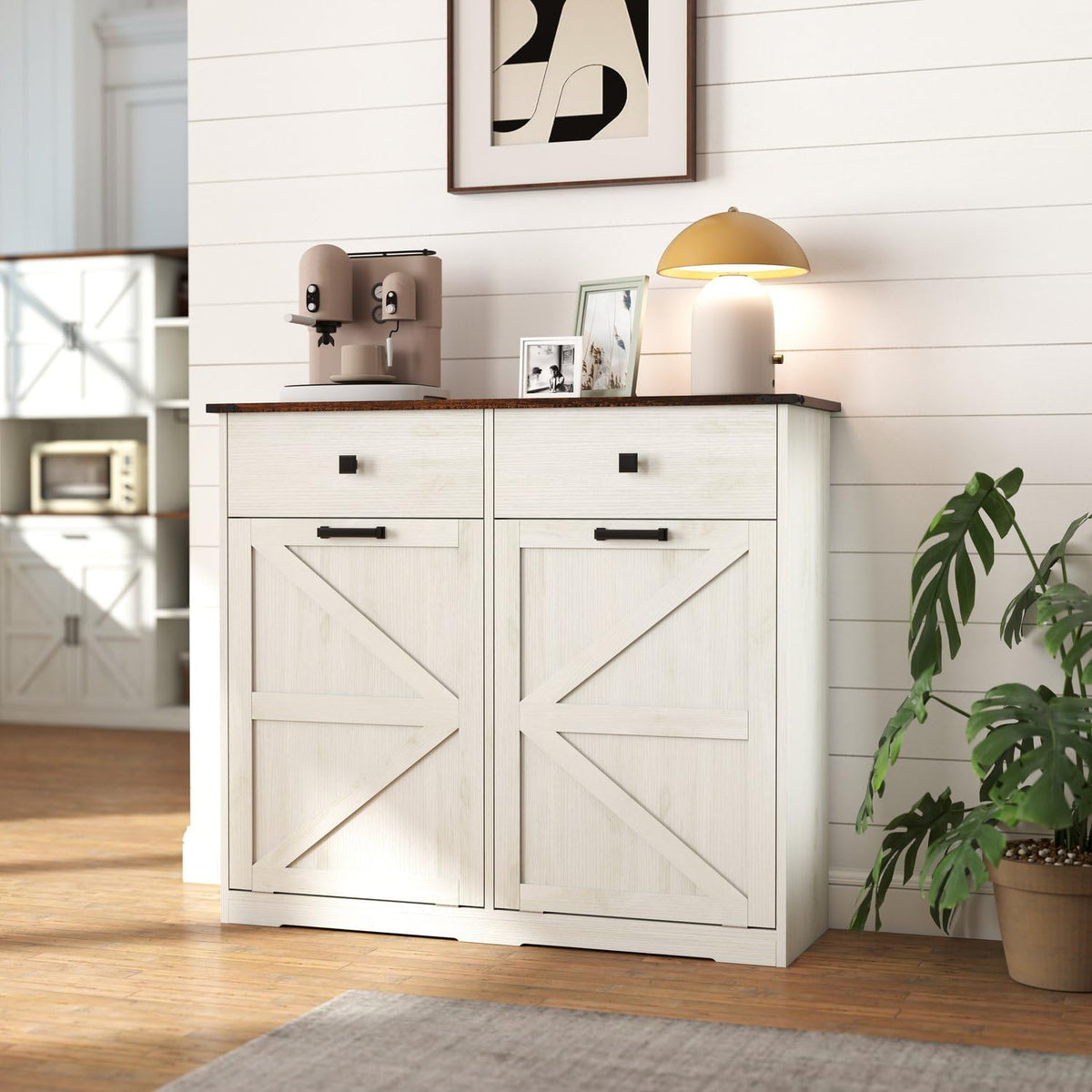 Brown and Antique White 20 Gallon Tilt-Out Trash Cabinet F56964