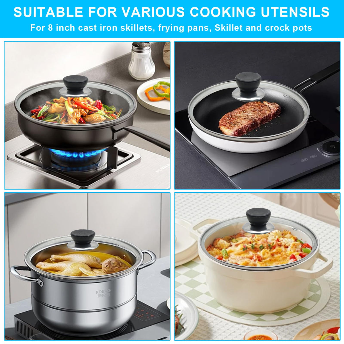 Tempered Glass Lid with Stainless Steel Rim for 8 Inch Frying Pan I823