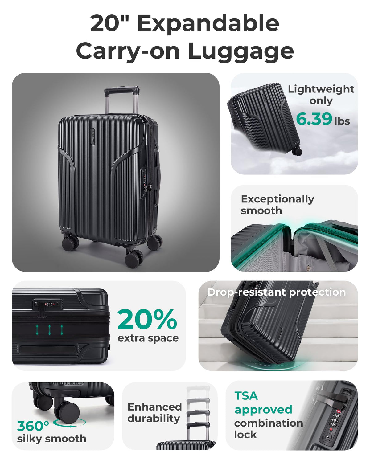 Carry On Luggage with Wheels, Black I181